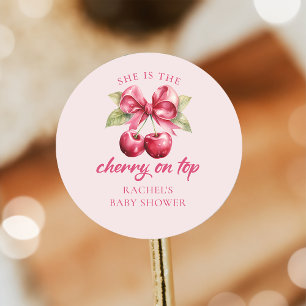 Pink Coquette Bow Cherry Baby Shower Sticker