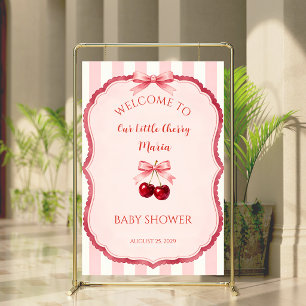 Pink Coquette Bow Cherry Baby Shower Welcome Sign