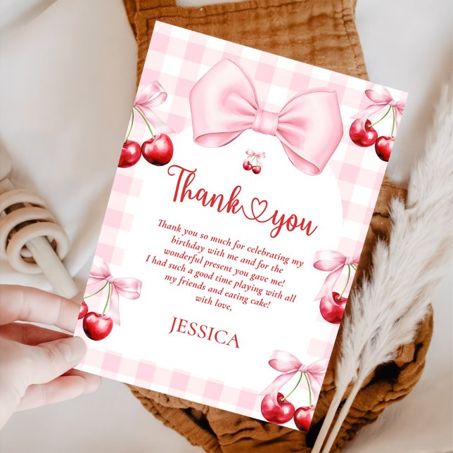 Pink Coquette Bow Cherry Birthday Thank You Card (Creator Uploaded)