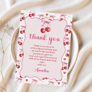 Pink Coquette Bow Cherry Birthday Thank You Card