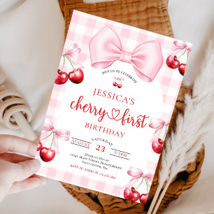 Pink Coquette Bow Cherry First Birthday Party  Invitation