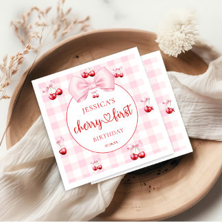 Pink Coquette Bow Cherry First Birthday Party Napkin