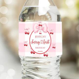 Pink Coquette Bow Cherry First Birthday Party Water Bottle Label