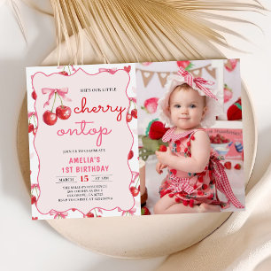 Pink Coquette Bow Cherry on Top 1st Birthday Photo Invitation