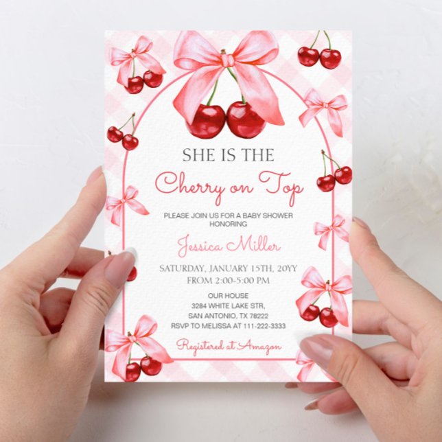 Pink Coquette Bow Cherry on Top Baby Shower Invitation (Creator Uploaded)
