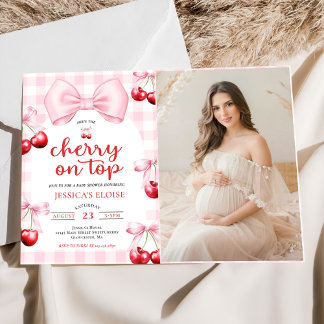 Pink Coquette Bow Cherry On Top Baby Shower Photo Invitation