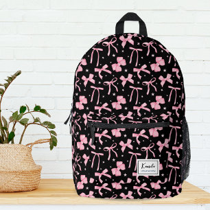 Pink Coquette Bow Custom Name Black Printed Backpack