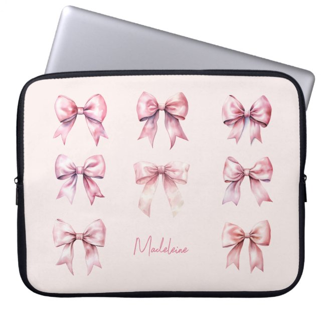 Pink Coquette Bow Custom Name Laptop Sleeve (Front)