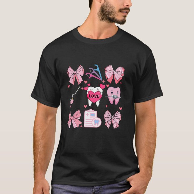 Pink Coquette Bow Cute Teeth Dentist Squad Dental  T-Shirt (Front)