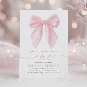 Pink Coquette Bow First Birthday Invitation