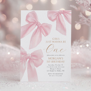 Pink Coquette Bow First Birthday Invitation