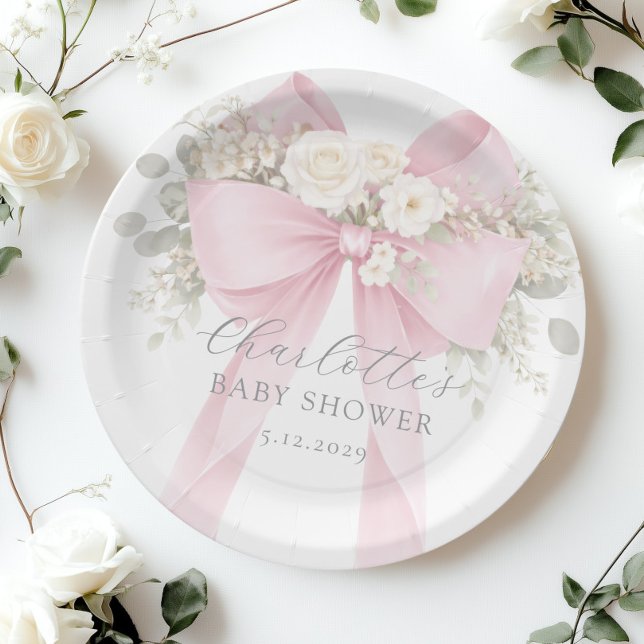Pink Coquette Bow Floral Baby in bloom baby Shower Paper Plate (Creator Uploaded)