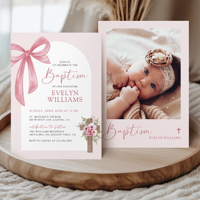 Pink Coquette Bow Floral Cross Girl Baptism Photo Invitation (Creator Uploaded)