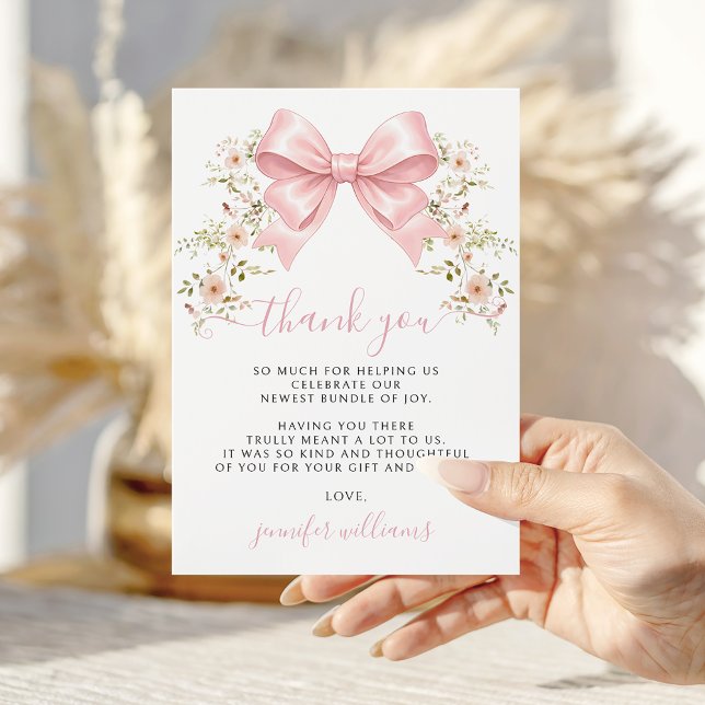 Pink Coquette Bow Floral Preppy Baby Girl Shower Thank You Card (Creator Uploaded)