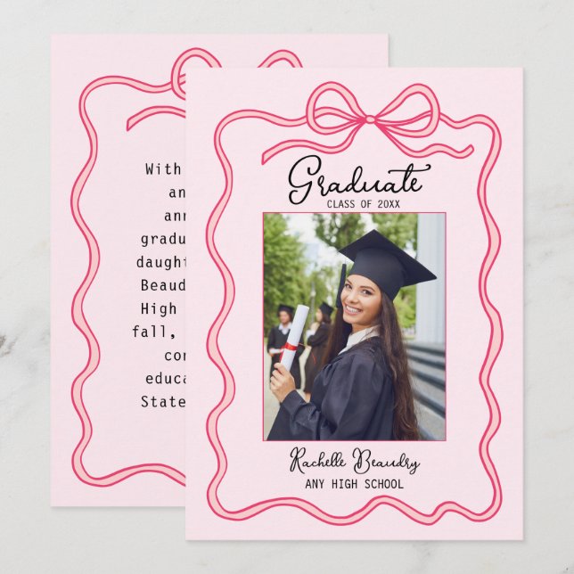 Pink Coquette Bow Frame Graduate Photo Graduation  Announcement (Front/Back)