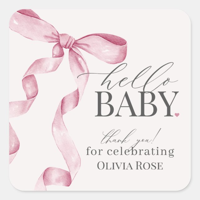 Pink Coquette Bow Girl Baby Shower Favour Square Sticker (Front)