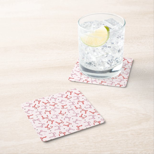  pink coquette bow girly  square paper coaster (Insitu)