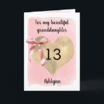 Pink Coquette Bow Gold Heart 13th Birthday  Card<br><div class="desc">A personalised pink coquette bow and gold heart 13th birthday card for granddaughter, daughter, goddaughter, etc. You can easily personalise the front of this pretty pink 13th birthday card with the recipient and her name. The inside card message can also be edited if wanted. This would make a sweet thirteenth...</div>
