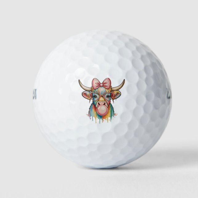 Pink Coquette Bow Highland Cow Bubblegum Golf Balls (Front)