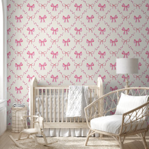 Pink Coquette Bow Lattice Pattern Peel and Stick Wallpaper