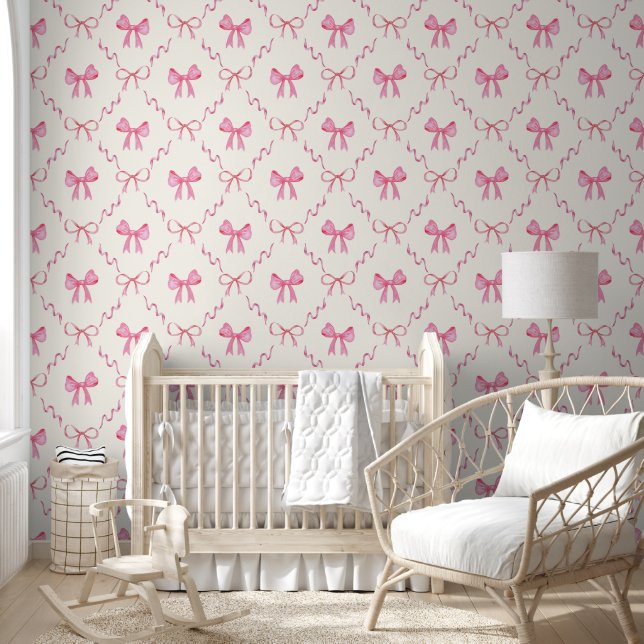 Pink Coquette Bow Lattice Pattern Peel and Stick Wallpaper (Kids)