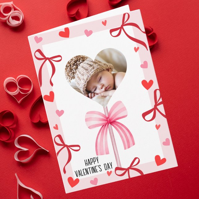 Pink Coquette Bow & Lollipop Photo,Valentine's Day Card (Creator Uploaded)