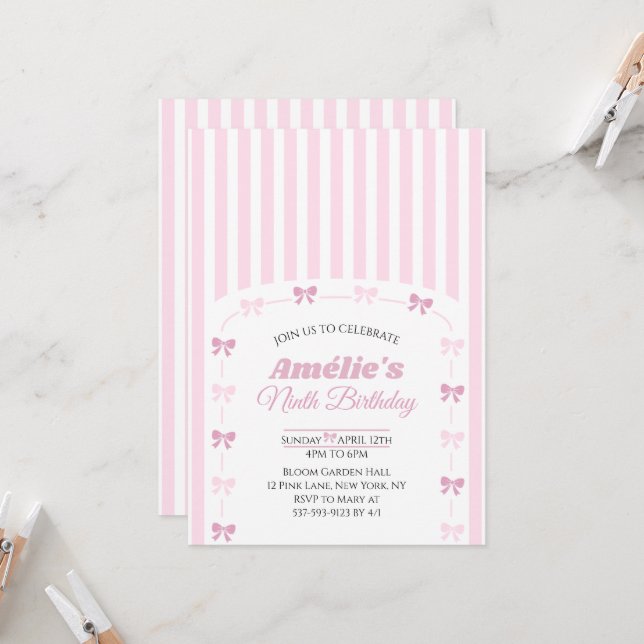 Pink Coquette Bow Ninth Birthday Party  Invitation (Front/Back In Situ)