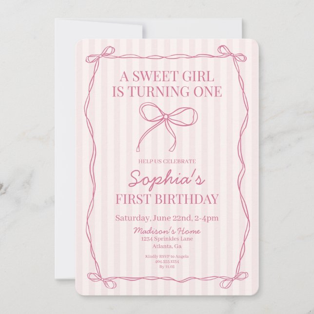 Pink Coquette Bow Pastel Birthday Party Invitation (Front)