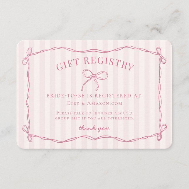 Pink Coquette Bow Pastel Bridal Shower Registry Enclosure Card (Front)