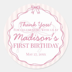 Pink Coquette Bow Pastel Striped Birthday Favor Classic Round Sticker