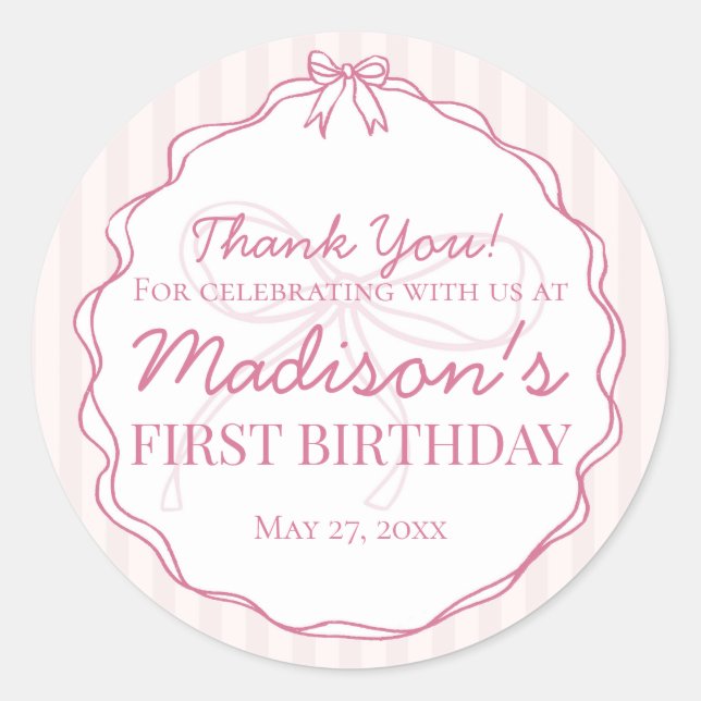 Pink Coquette Bow Pastel Striped Birthday Favour Classic Round Sticker (Front)
