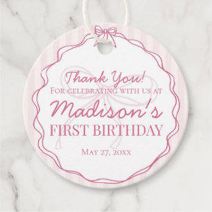 Pink Coquette Bow Pastel Striped Birthday Favour Tags