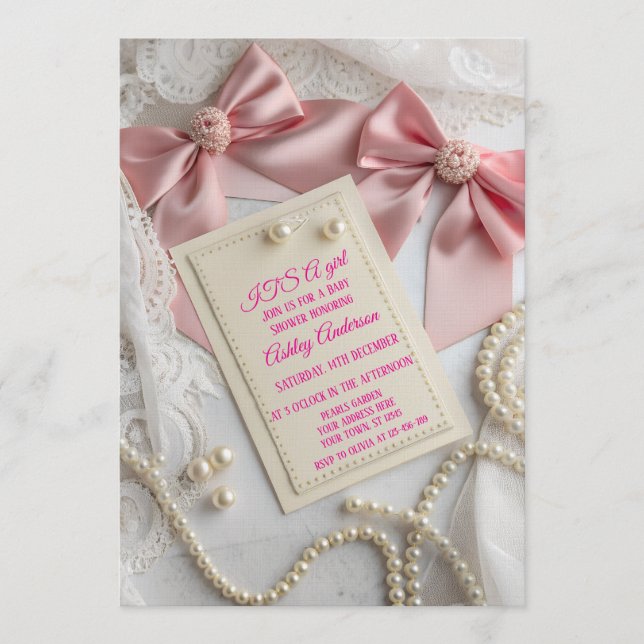 Pink Coquette Bow Pearl Elegant Ribbon Party Invitation (Front)
