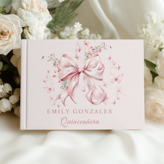 Pink Coquette Bow Pearls Quinceañera Birthday  Guest Book