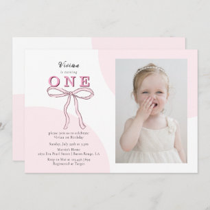 Pink Coquette Bow Photo 1st birthday Invitation