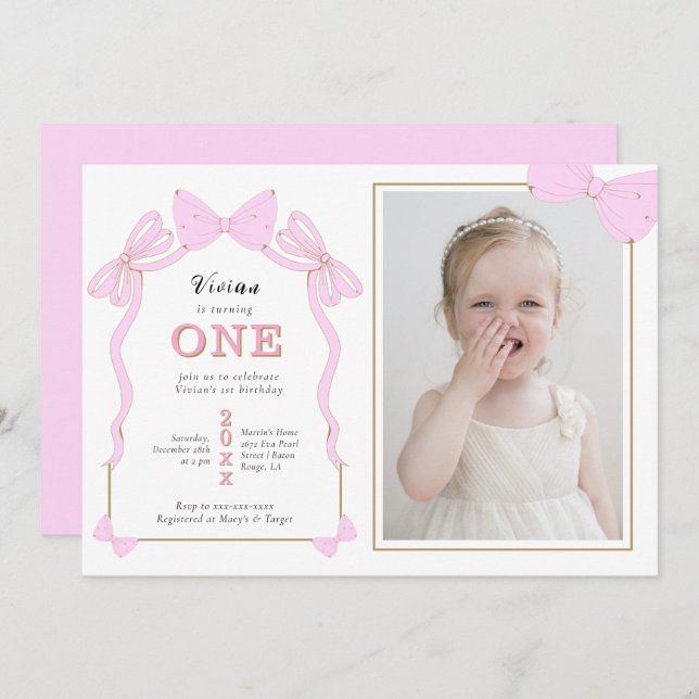Pink Coquette Bow Photo 1st birthday Invitation (Front/Back)
