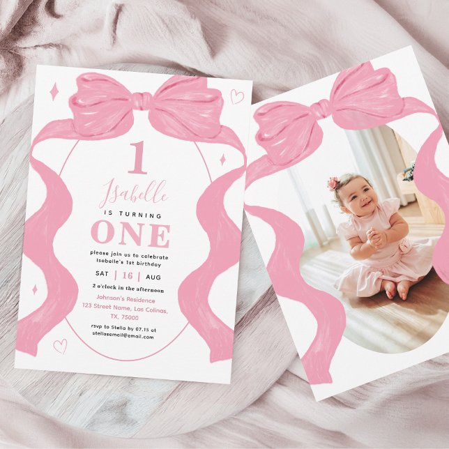 Pink Coquette Bow & Photo Ribbon 1st Girl Birthday Invitation (Creator Uploaded)