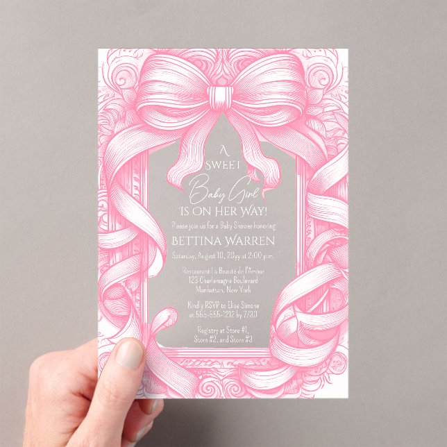 Pink Coquette Bow Ribbon Toile de Jouy Baby Shower Acrylic Invitations (Insitu (Handheld))