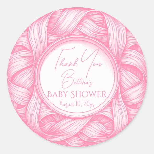 Pink Coquette Bow Ribbon Toile de Jouy Baby Shower Classic Round Sticker (Front)