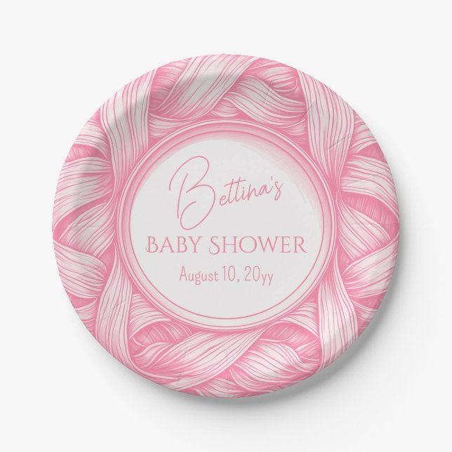 Pink Coquette Bow Ribbon Toile de Jouy Baby Shower Paper Plate (Front)