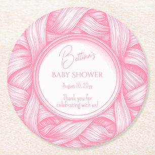 Pink Coquette Bow Ribbon Toile de Jouy Baby Shower Round Paper Coaster