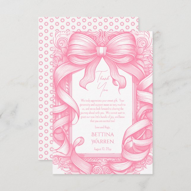 Pink Coquette Bow Ribbon Toile de Jouy Baby Shower Thank You Card (Front/Back)