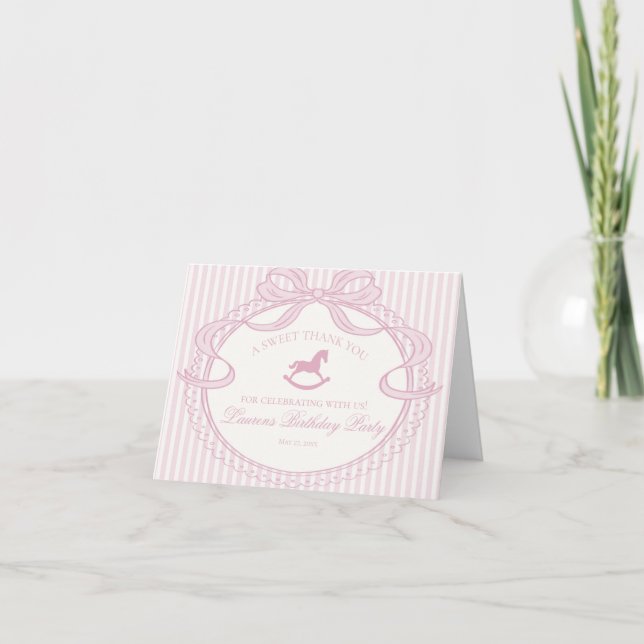 Pink Coquette Bow Rocking Hors Birthday Thank You  Card (Front)