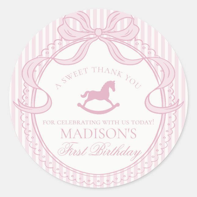 Pink Coquette Bow Rocking Horse Birthday Favor Classic Round Sticker (Front)
