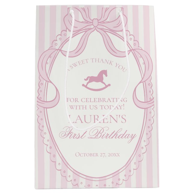 Pink Coquette Bow Rocking Horse Birthday Favours Medium Gift Bag (Front)