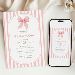 Pink Coquette Bow Striped Girl Baby Shower Invitation