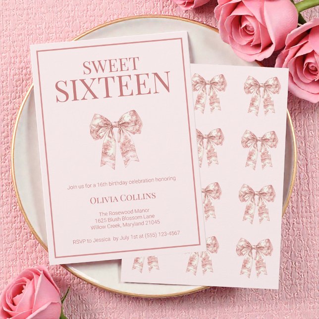 Pink Coquette Bow Sweet Sixteen Birthday Party Inv Invitation (Pink Coquette Bow Sweet Sixteen Birthday Party Inv Invitation)