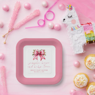 Pink Coquette Bow Tiny Toes Christmas Baby Shower Paper Plate