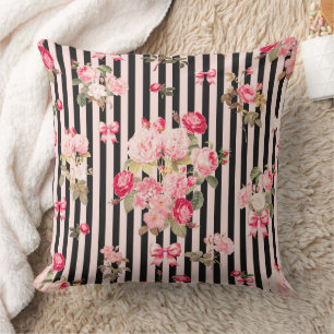 Pink Coquette Bow Vintage Roses Black Stripes Cushion