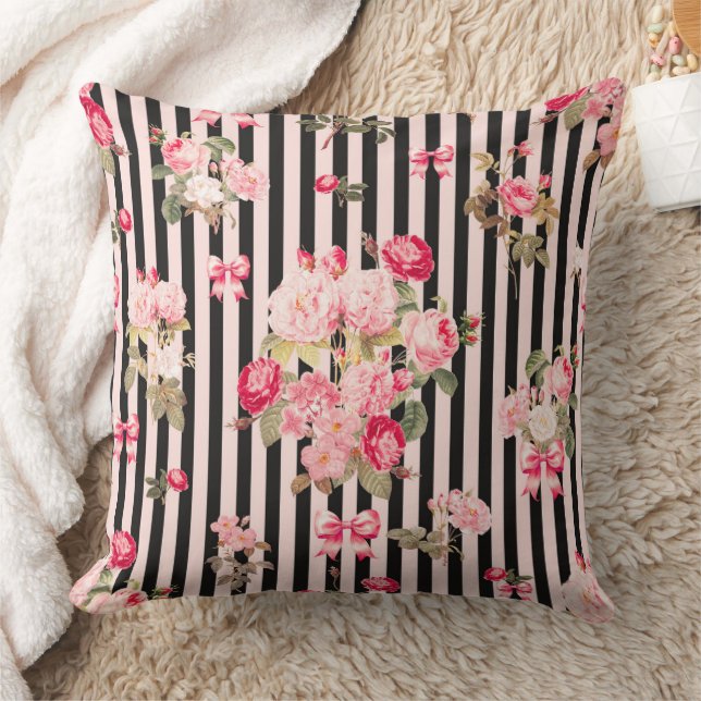 Pink Coquette Bow  Vintage Roses Black Stripes Cushion (Blanket)